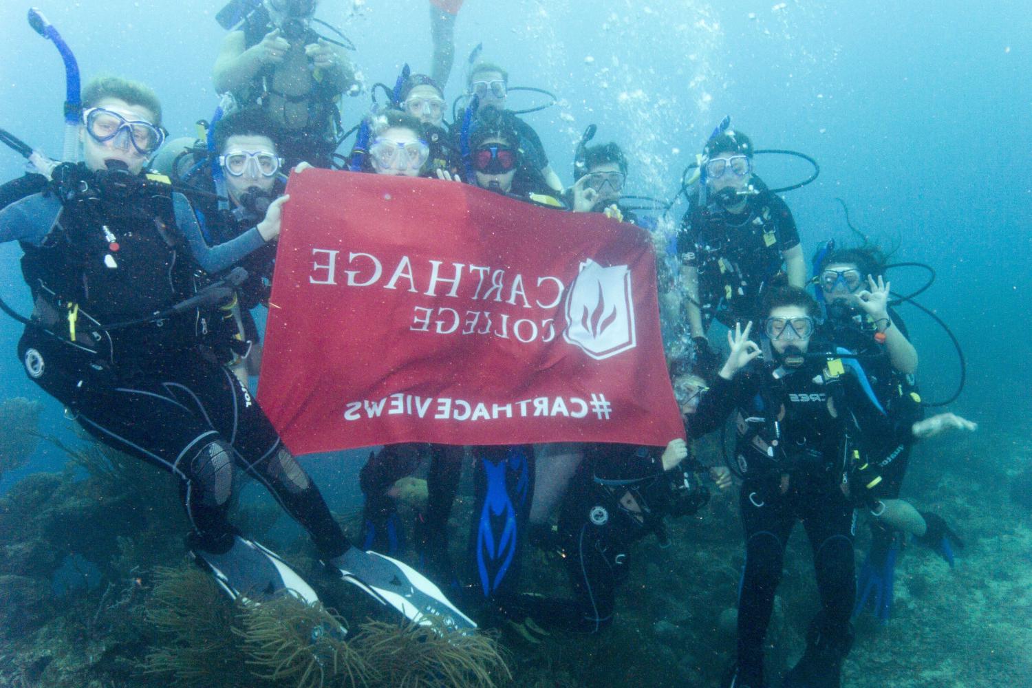 学生们手持<a href='http://qpbf.ngskmc-eis.net'>博彩网址大全</a>旗帜，在j学期洪都拉斯游学之旅中潜水.
